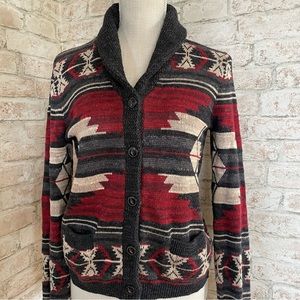 Denim & Supply Ralph Lauren Aztec Cardigan Sweater Shawl Collar Gray Red  M